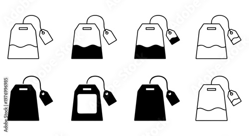 Minimalist tea bag icon set, 8 black and white vector tea bag symbols