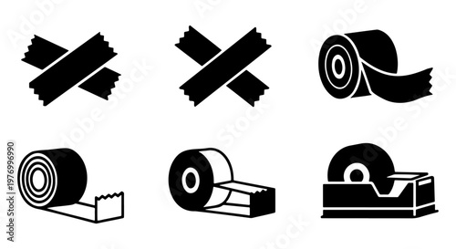 Adhesive tape icon set, duct tape rolls and dispensers, 6 vector elements