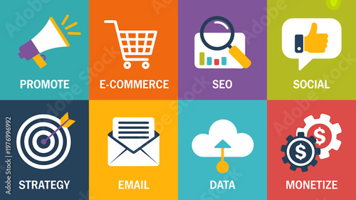 Business marketing strategy and ecommerce concept icons set for website development and online growth