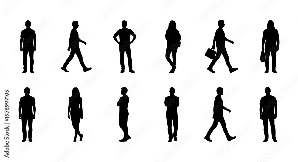Fototapeta premium People silhouette set, walking and standing human figures, 12 vector icons