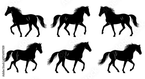 Black horse silhouettes, 6 galloping stallion vector set, equine motion