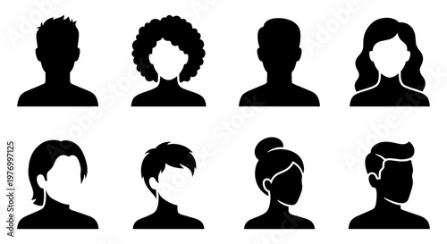 Minimalist avatar profile icons, 8 diverse person silhouettes, vector set