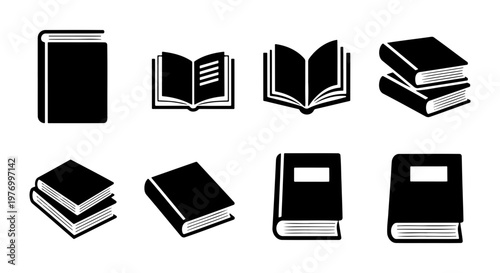 Black book icon set, 8 education vector elements, library study symbols