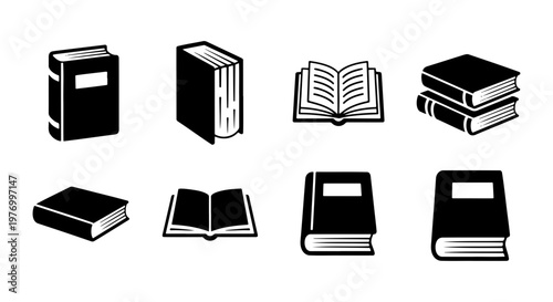 Minimalist book icon set, black library vector symbols, 8 reading elements
