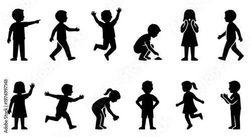 Children silhouette set, 12 kids playing icons, black vector figures