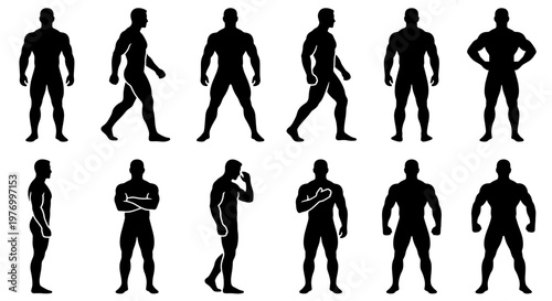Muscular male silhouettes, 12 athletic man poses, fitness body vector set