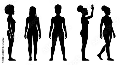 Black woman silhouette set, female body profile, 5 vector lady icons