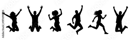 Jumping people silhouettes, happy group of 6 active friends, vector set