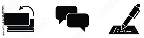 Black silhouette icons for modern digital interface design featuring document refresh, chat message, and writing pen symbols for various applications