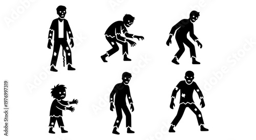 Zombie silhouette vector set, undead monster icons, 6 horror characters