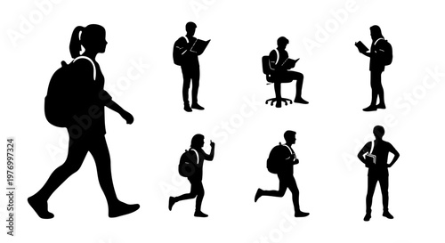 Student silhouette collection, school children with backpacks vector set