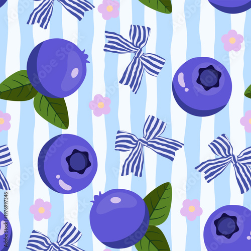 Seamless pattern with cute blueberries striped bows and small flowers on soft blue striped background in pastel flat illustration style
