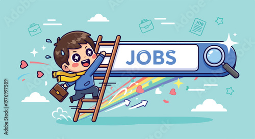 Cute cartoon child climbing a ladder towards a large search bar labeled jobs with colorful confetti and stars