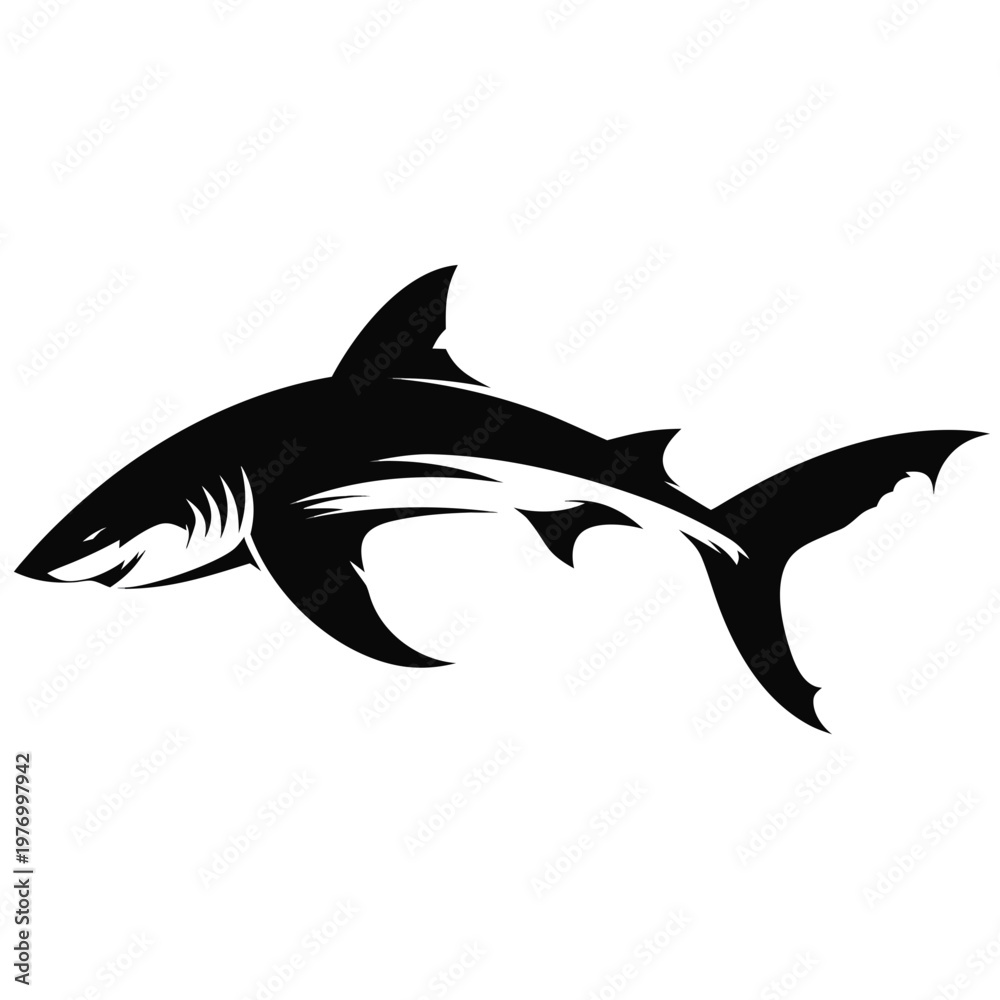 Obraz premium Black shark icon, vector shark silhouette, ocean predator logo, marine animal graphic