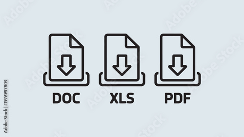 A graphic illustration of DOC, XLS, and PDF file icons with download symbols on a light gray background.