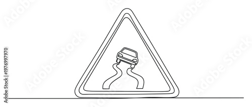 Monoline drawing of a road hazard warning sign indicating a car skidding on a slippery surface, suitable for traffic safety advisories, educational materials, and transportation