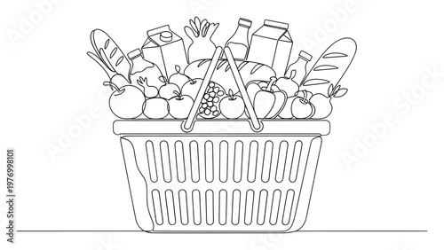 Continuous line drawing of a full grocery shopping basket filled with fresh produce and packaged goods perfect for retail promotions, food blogs, or healthy lifestyle messaging