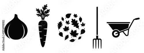 Collection of essential gardening and autumn harvest elements featuring vegetables, fallen leaves, and farm tools for seasonal agricultural graphic design projects