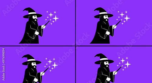 Mystical wizard character with magic wand vector, fantasy sorcerer casting spells, set of 4 magician icons on purple background
