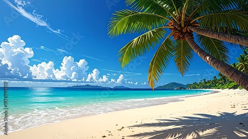 A beautiful tropical beach with white sand and palm trees under a bright blue sky