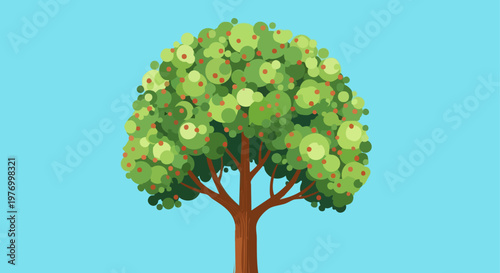 Lush green apple tree vector illustration, fruit bearing tree with red apples, vibrant summer garden plant on blue background, organic farming concept