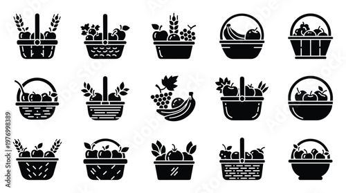 Collection of fruit harvest baskets filled with fresh produce and grains perfect for grocery store icons farm market promotions healthy food concepts and autumn season themes