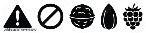 Food allergy warning and prohibition icons set with walnut almond and raspberry symbols for health and safety labeling on product packaging restaurant menus and dietary information