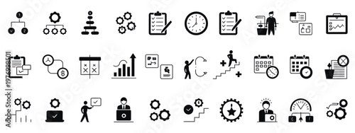 Business workflow glyph icons, vector set, featuring process steps, task tracking, workflow automation, approval system, and data flow symbols, suitable for dashboards, apps, and business platforms.