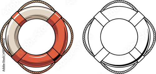 Lifebuoy illustration & outline set isolated on transparent background