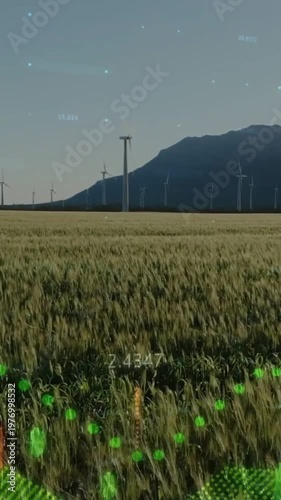 Vertical video: Sensors sweeping farm, mapping crew via grid and yellow path, monitoring turbines