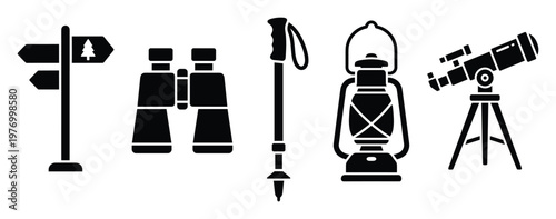 Essential outdoor adventure gear icons featuring a trail marker, binoculars, trekking pole, camping lantern, and a telescope ideal for illustrating travel and nature concepts