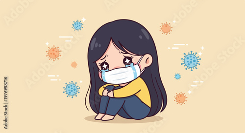 Cute cartoon girl wearing a protective face mask sitting on the floor surrounded by virus particles and expressing