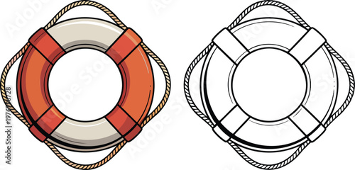 Lifebuoy illustration & outline set isolated on transparent background