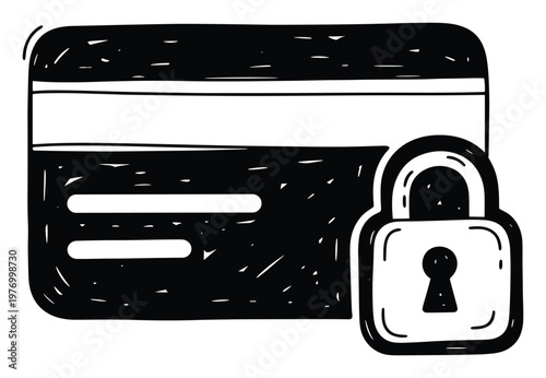 Hand drawn financial security concept showing a secure payment method with a credit card and a padlock, useful for websites and mobile applications related to banking and safe online