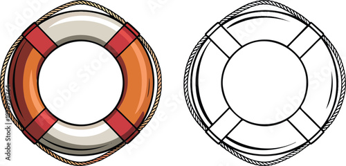 Lifebuoy illustration & outline set isolated on transparent background