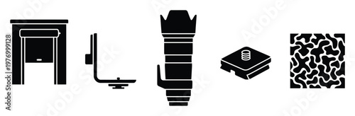 Collection of essential photography equipment icons including camera lens tripod plate L bracket and a liquid camouflage pattern for visual media educational content or professional graphic