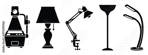 Assortment of diverse lamp types including desk, floor, and table lights, providing versatile illumination options for home and office interiors, useful for commercial and decorative