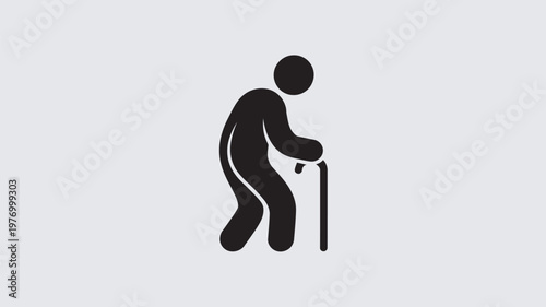 A black icon of an elderly person using a walking cane for support on a plain background