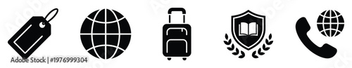 Set of black glyph icons featuring price tag, globe, travel suitcase, education shield, and international call symbol, ideal for digital interfaces, business services, and informational