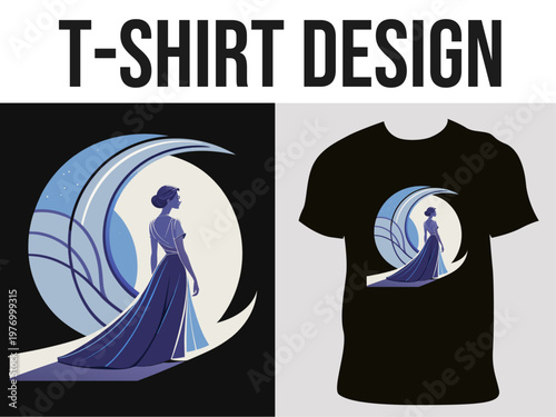Mystical Goddess Silhouette with Crescent Moon for T-shirt Design, Royal Moonlit Grace Vecto