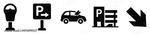 Essential monochrome parking icons including meter, directional sign, car with ticket, multilevel garage, and guiding arrow, ideal for signage, digital maps, and informational applications.