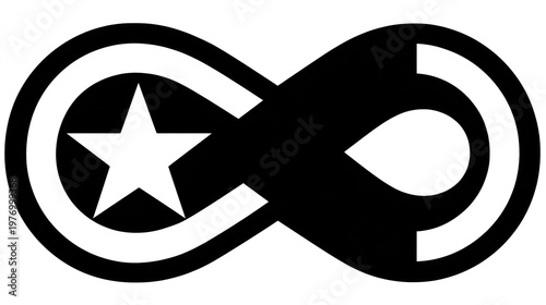 Infinity symbol with a star and broken circle in black and white