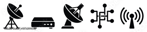 Technology and communication icons depicting satellite dishes, set top box, network connections, and wireless antenna for modern digital media concepts