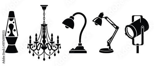 Collection of diverse lighting fixtures including lava lamp elegant chandelier modern desk lamps and powerful spotlight for interior design concepts or product catalogs