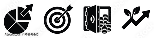 Financial performance and strategic goal icons symbolizing data analysis, accurate targeting, secure wealth management, and ecofriendly business growth for professional graphic resources.