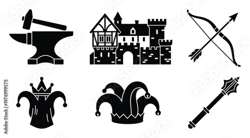 Explore a comprehensive set of ancient medieval tools and symbols like castle architecture, weaponry, and jester attire for historical game development or graphic projects.