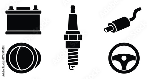 Fundamental automotive components and system parts represented as simple icons for vehicle maintenance, repair guides, and auto service branding materials