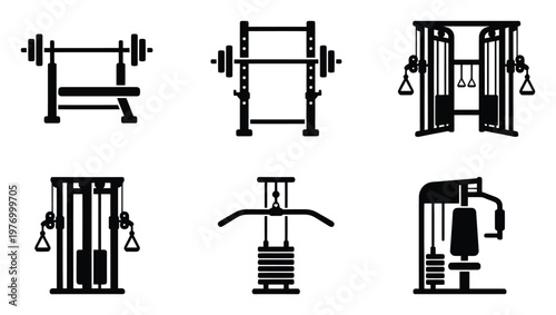 Highquality fitness gym equipment icons collection representing strength training exercises and workout machines suitable for health applications and sports club promotions.