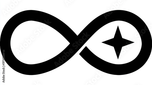 Black infinity loop with a four point star symbol on the right, on a white backdrop