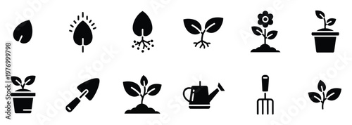 Comprehensive set of plant lifecycle icons including seed, sprouting leaf, rooted plant, potted sprout, and gardening implements like shovel, rake, and watering can for environmental themes